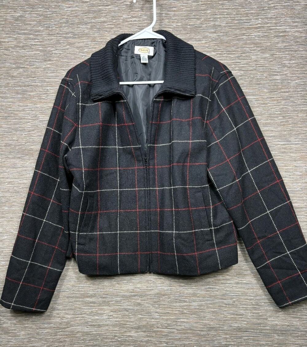 Talbots Wool Blend Plaid Full Zip Jacket Womens Size 12 Black Red Long Sleeve